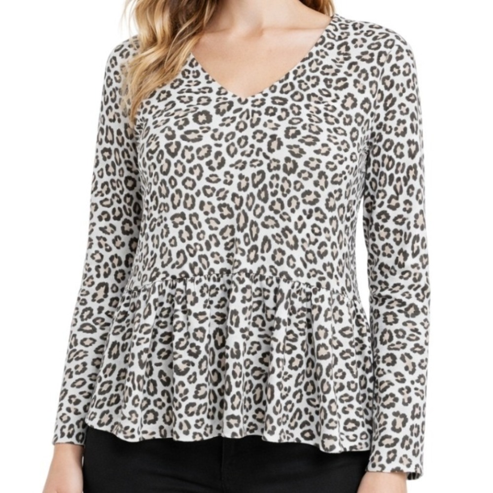 Nine West Womens NWT Leopard Print V-Neck Peplum Long Sleeve Top Tan Size M